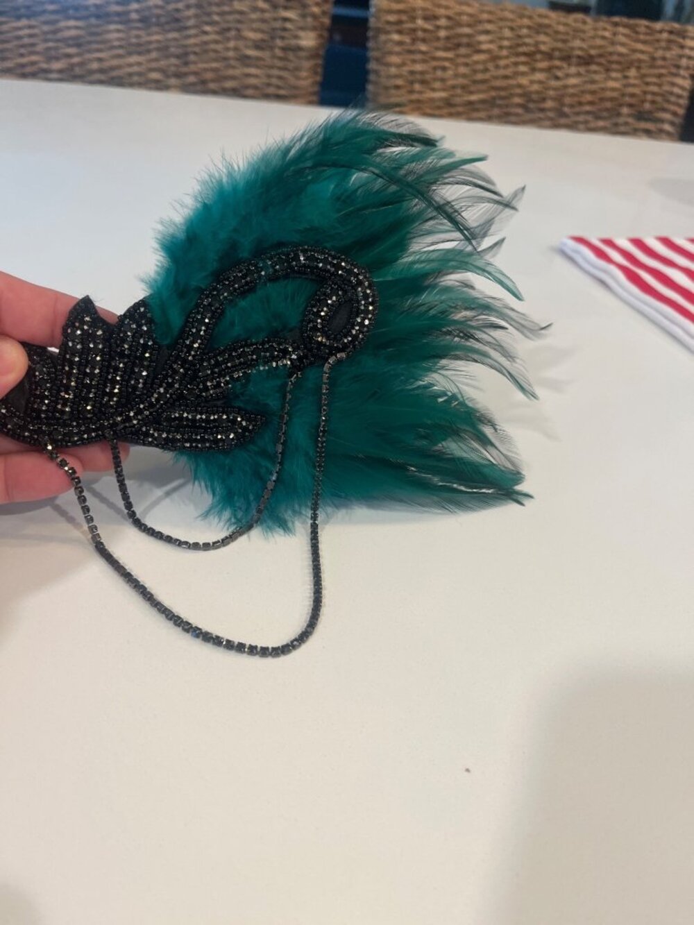 Black And Teal Feather Rhinestone Embellished Headpiece